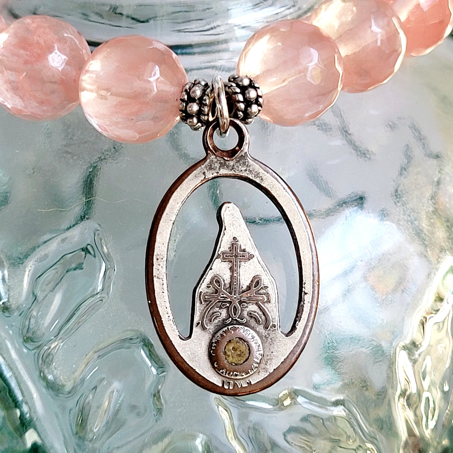 Cherry Quartz Faceted 10mm Beaded Bracelet w/ A Openwork Silver Miraculous Medal
