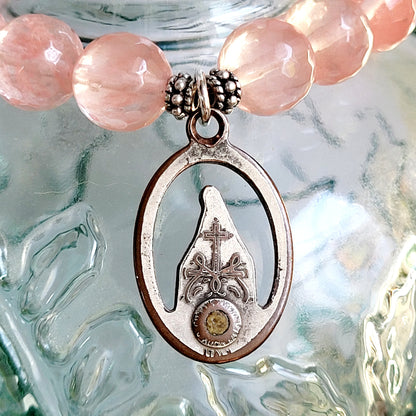 Cherry Quartz Faceted 10mm Beaded Bracelet w/ A Openwork Silver Miraculous Medal
