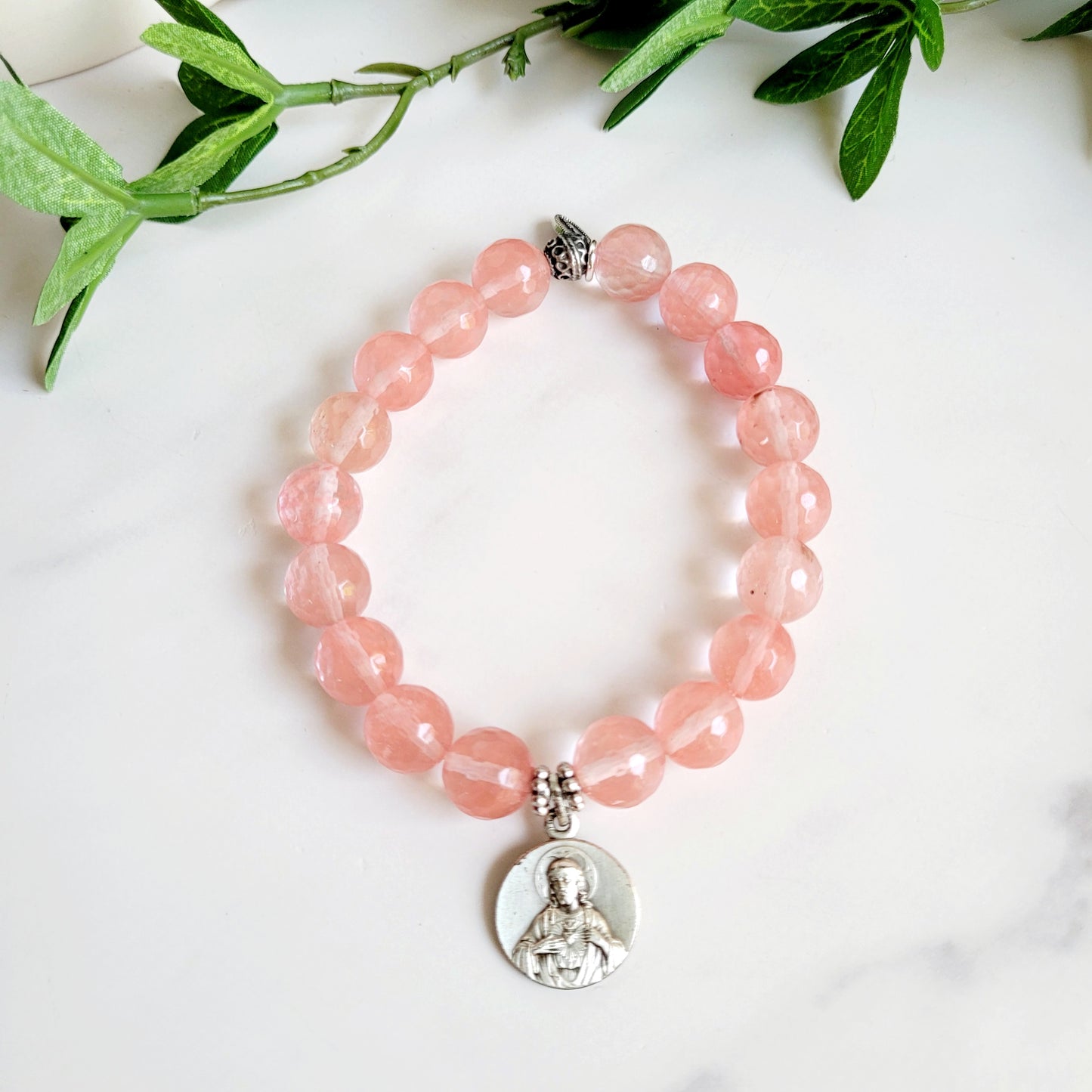 Cherry Quartz Faceted 10mm Beaded Bracelet w/ Sacred Heart of Jesus / Our Lady of Mount Carmel