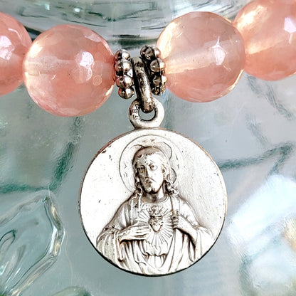 Cherry Quartz Faceted 10mm Beaded Bracelet w/ Sacred Heart of Jesus / Our Lady of Mount Carmel
