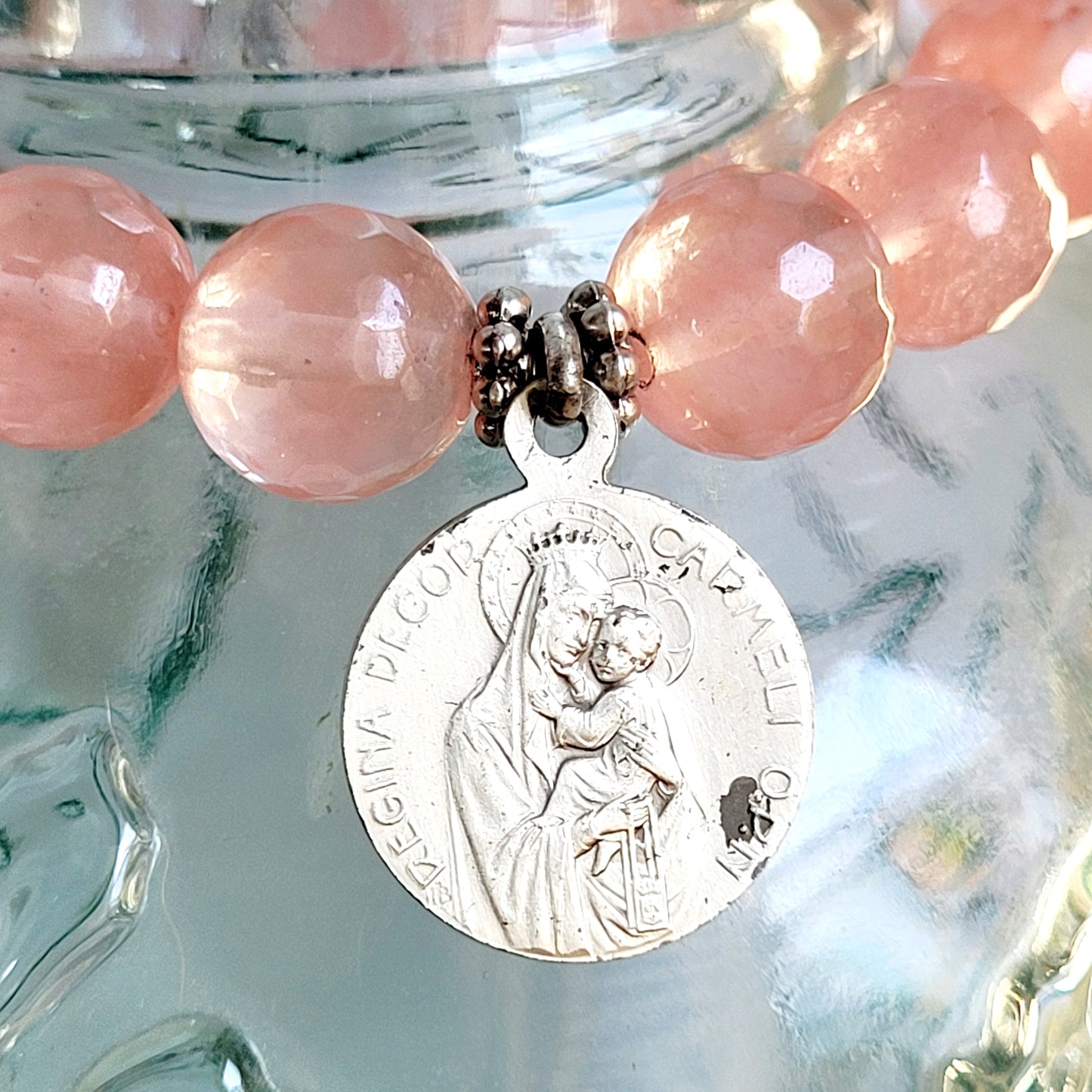 Cherry Quartz Faceted 10mm Beaded Bracelet w/ Sacred Heart of Jesus / Our Lady of Mount Carmel