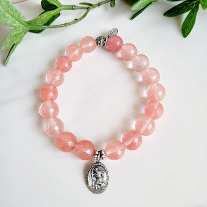 Cherry Quartz Faceted 10mm Beaded Bracelet w/ St. Christopher / Infant Jesus on the back