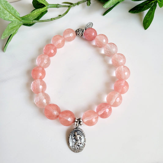 Cherry Quartz Faceted 10mm Beaded Bracelet w/ St. Christopher / Infant Jesus on the back