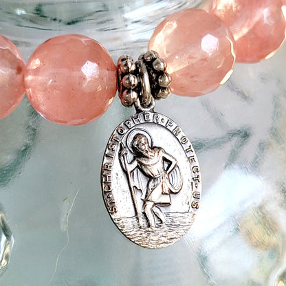 Cherry Quartz Faceted 10mm Beaded Bracelet w/ St. Christopher / Infant Jesus on the back