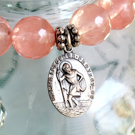 Cherry Quartz Faceted 10mm Beaded Bracelet w/ St. Christopher / Infant Jesus on the back