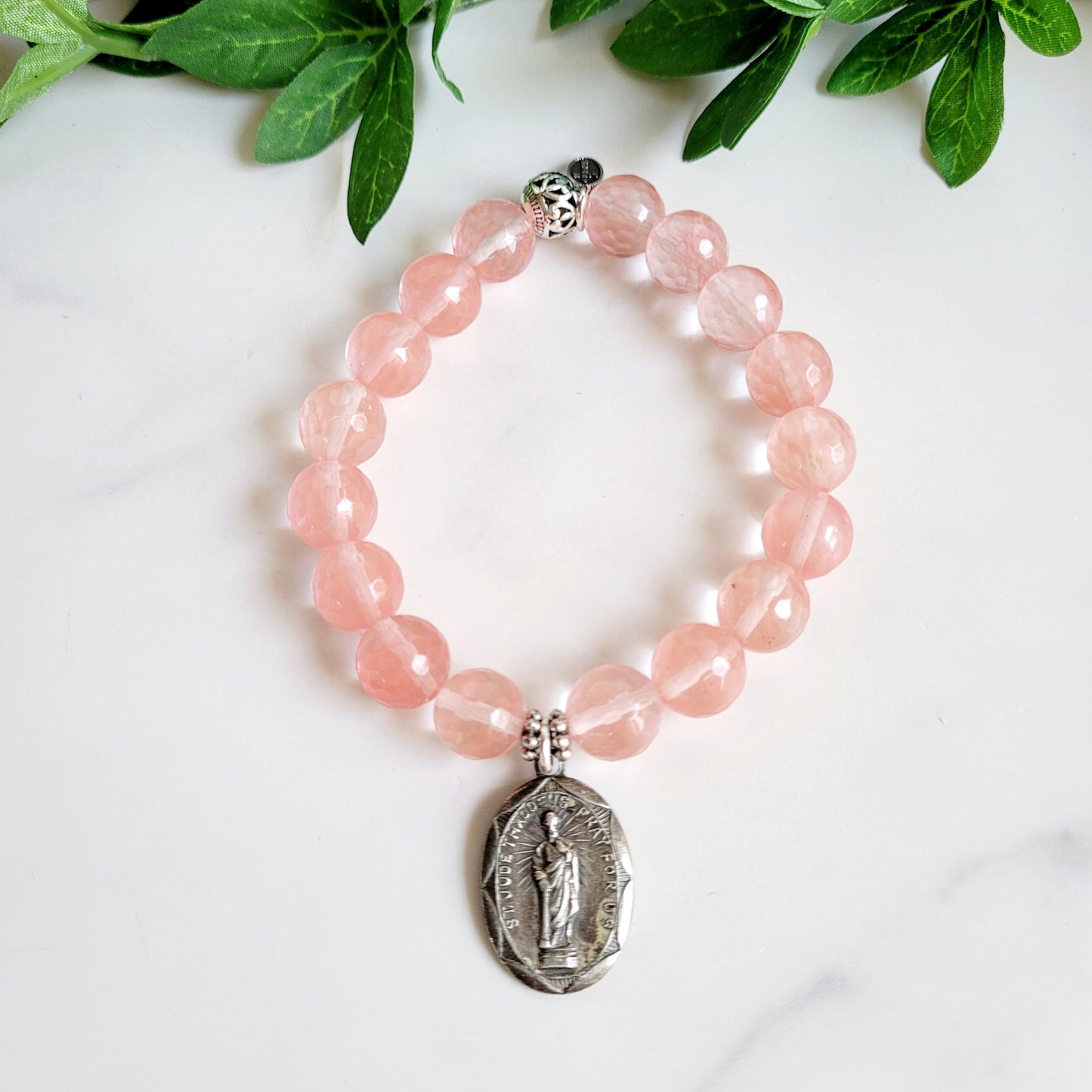 Cherry Quartz Faceted 10mm Beaded Bracelet w/ A Deeply Embossed Medal of St. Jude Thaddeus