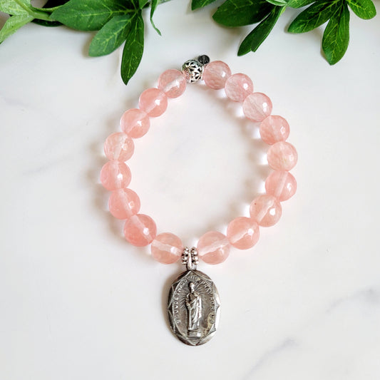 Cherry Quartz Faceted 10mm Beaded Bracelet w/ A Deeply Embossed Medal of St. Jude Thaddeus