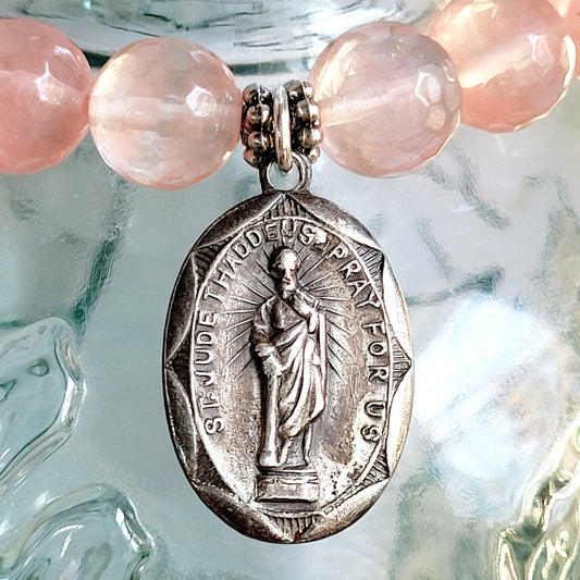 Cherry Quartz Faceted 10mm Beaded Bracelet w/ A Deeply Embossed Medal of St. Jude Thaddeus