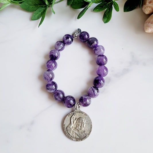 Amethyst 12mm Beaded Bracelet w/ Large Silver Medal of Pope Francis from Italy