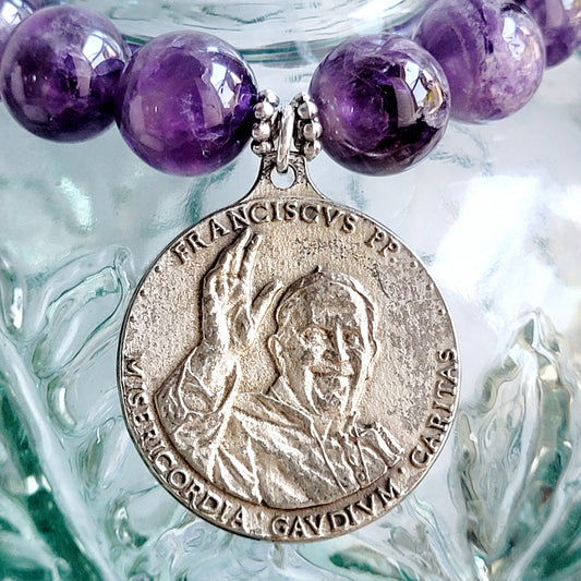 Amethyst 12mm Beaded Bracelet w/ Large Silver Medal of Pope Francis from Italy