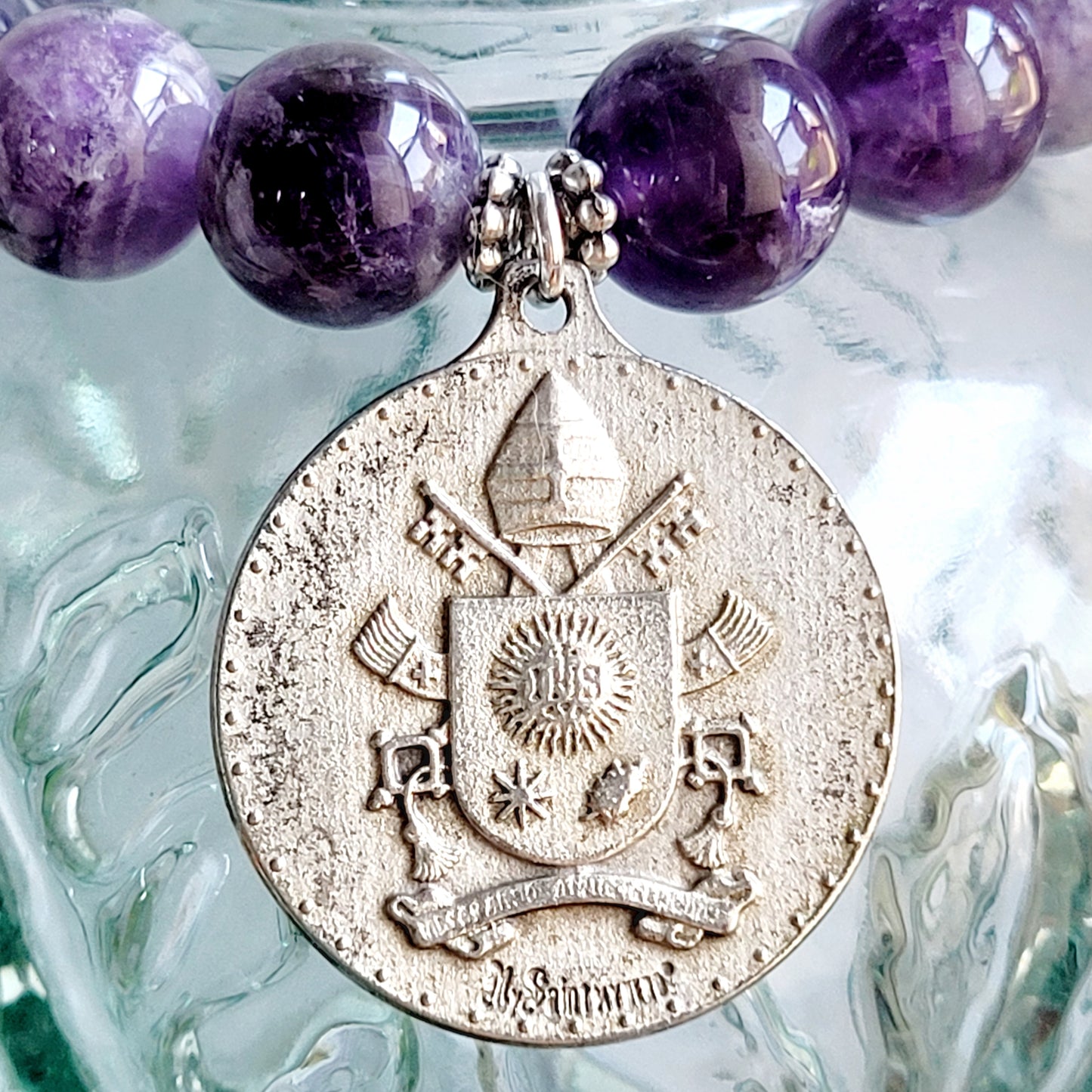 Amethyst 12mm Beaded Bracelet w/ Large Silver Medal of Pope Francis from Italy