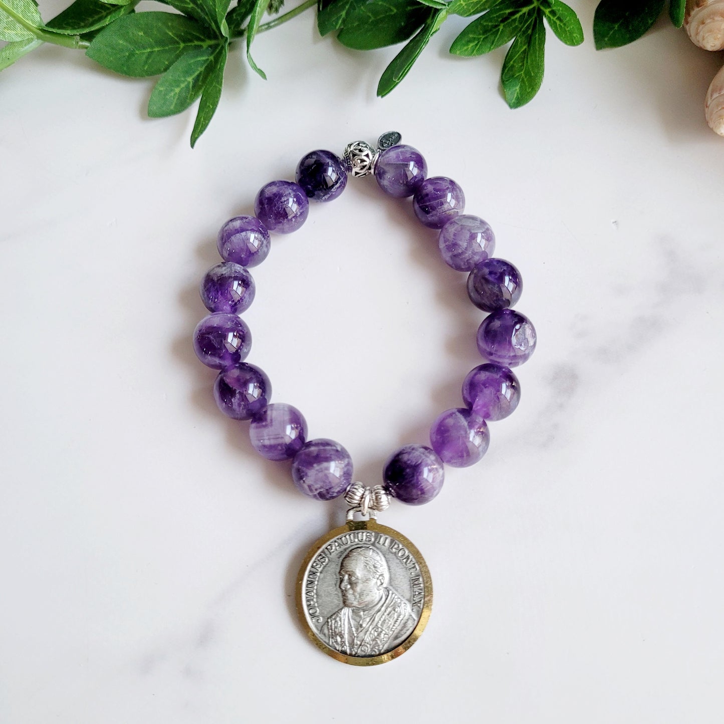 Amethyst 12mm Beaded Bracelet w/ A Beautiful Two Toned Silver Plated Medal of St. John Paul II
