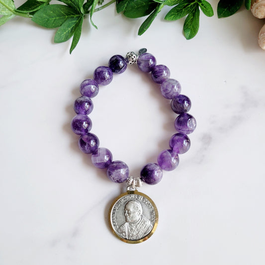 Amethyst 12mm Beaded Bracelet w/ A Beautiful Two Toned Silver Plated Medal of St. John Paul II