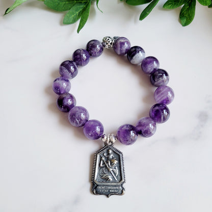 Amethyst 12mm Beaded Bracelet w/ Vintage Medal of St. Christopher holding the Child Jesus