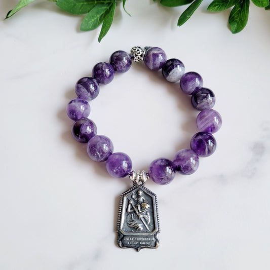 Amethyst 12mm Beaded Bracelet w/ Vintage Medal of St. Christopher holding the Child Jesus