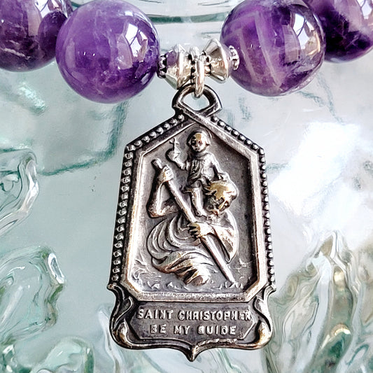 Amethyst 12mm Beaded Bracelet w/ Vintage Medal of St. Christopher holding the Child Jesus