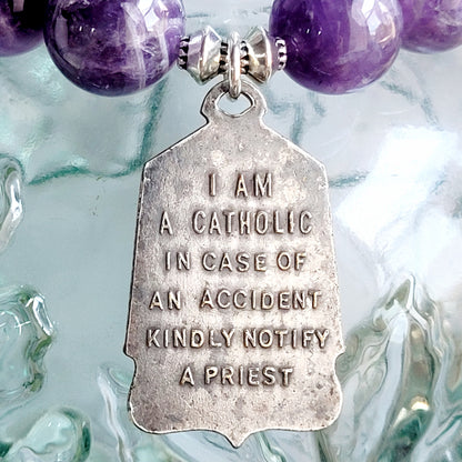 Amethyst 12mm Beaded Bracelet w/ Vintage Medal of St. Christopher holding the Child Jesus