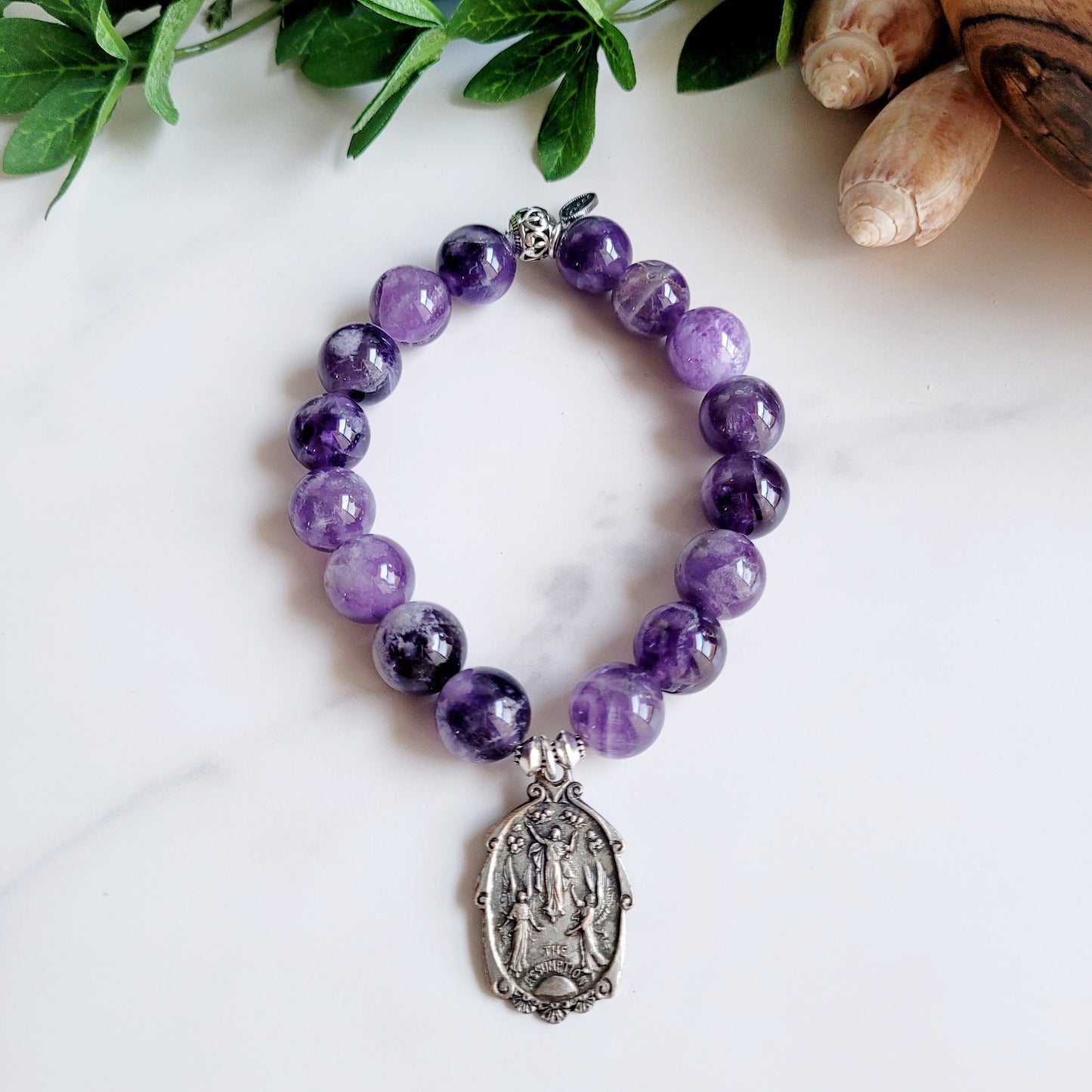 Amethyst 12mm Beaded Bracelet w/ Highly Decorated Silver Medal of The Assumption of Mary