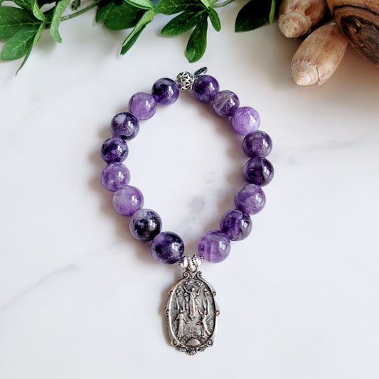Amethyst 12mm Beaded Bracelet w/ Highly Decorated Silver Medal of The Assumption of Mary