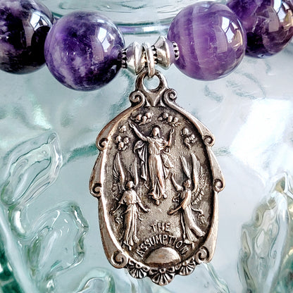 Amethyst 12mm Beaded Bracelet w/ Highly Decorated Silver Medal of The Assumption of Mary