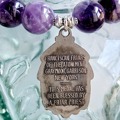Amethyst 12mm Beaded Bracelet w/ Highly Decorated Silver Medal of The Assumption of Mary