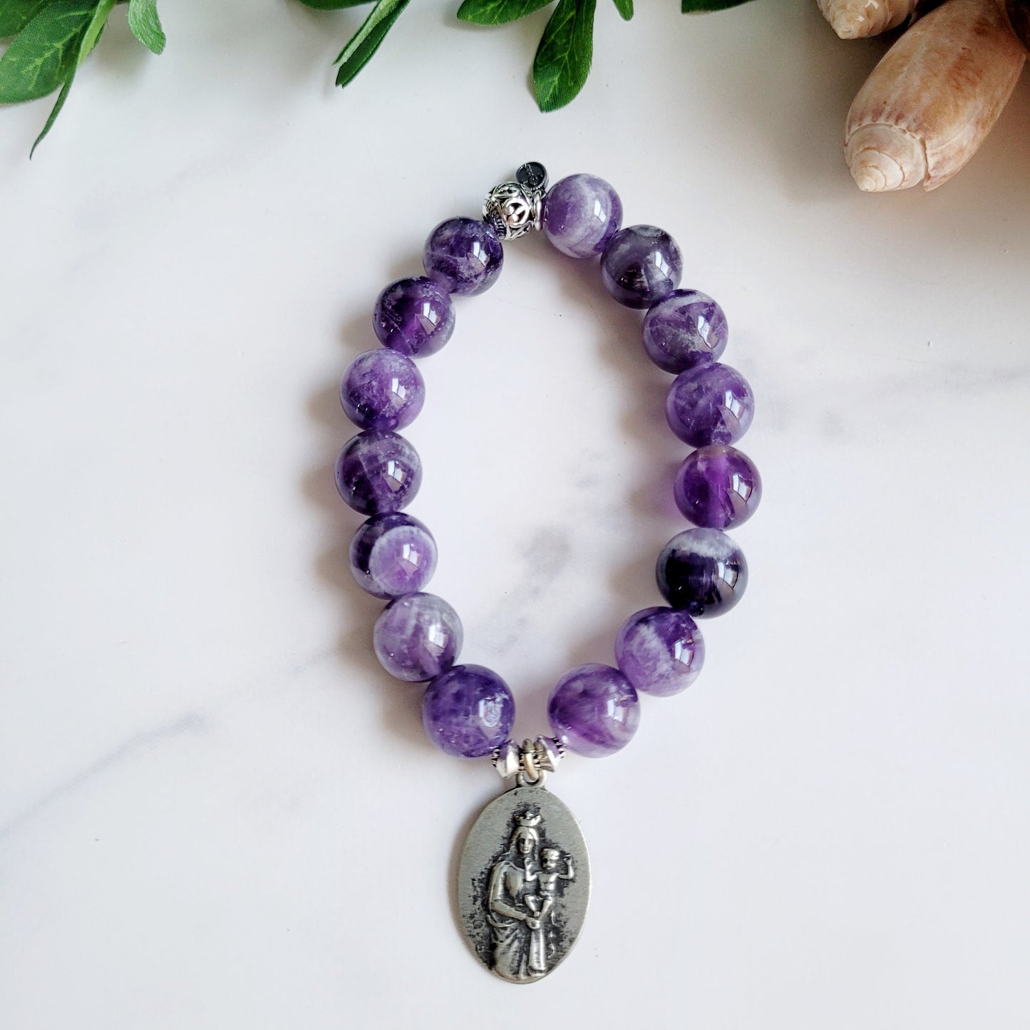 Amethyst 12mm Beaded Bracelet w/ Vintage Silver Medal of Notre Dame de la Garde