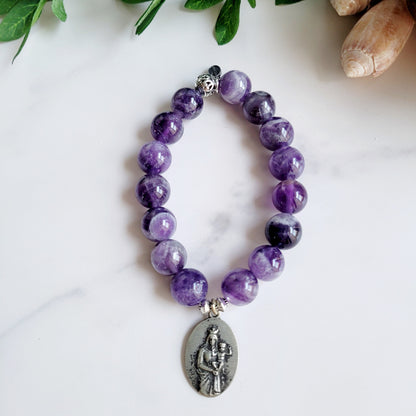 Amethyst 12mm Beaded Bracelet w/ Vintage Silver Medal of Notre Dame de la Garde