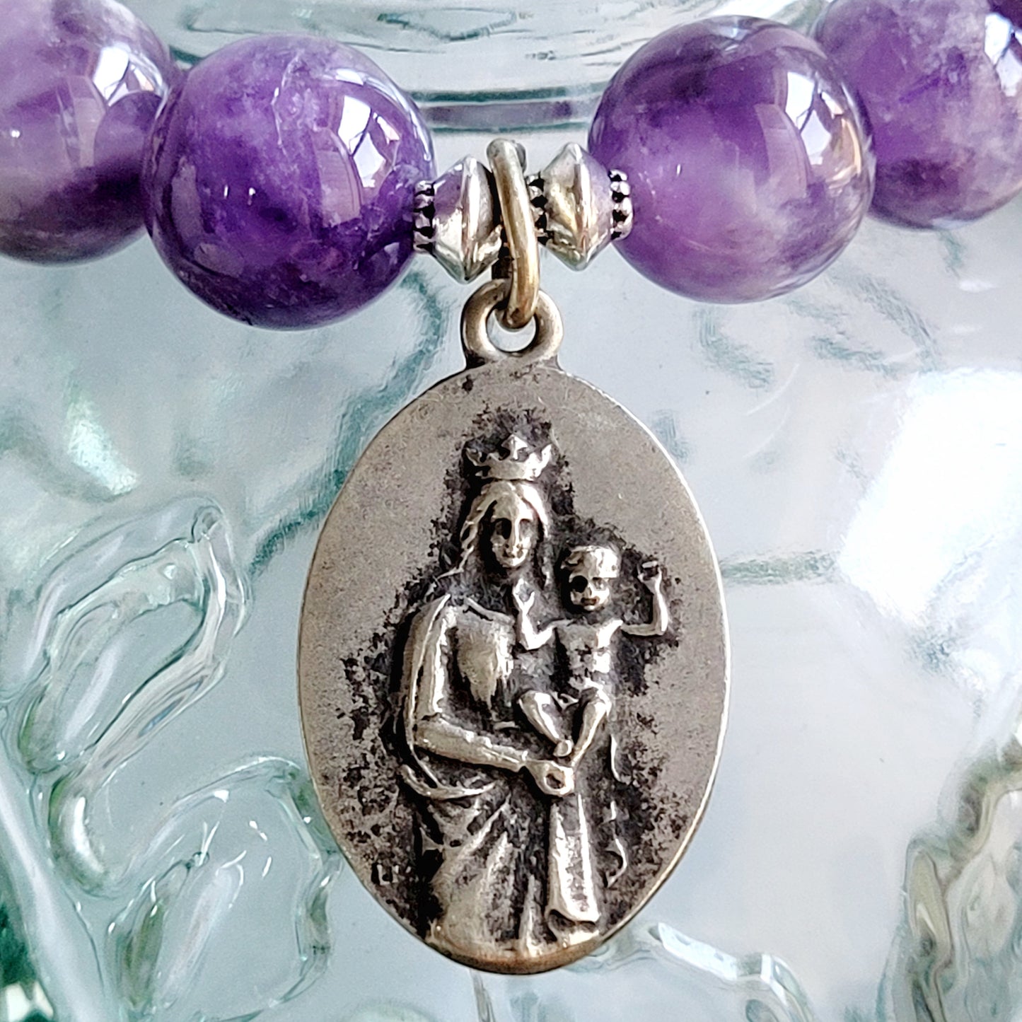 Amethyst 12mm Beaded Bracelet w/ Vintage Silver Medal of Notre Dame de la Garde