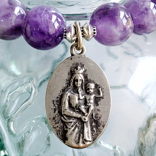 Amethyst 12mm Beaded Bracelet w/ Vintage Silver Medal of Notre Dame de la Garde