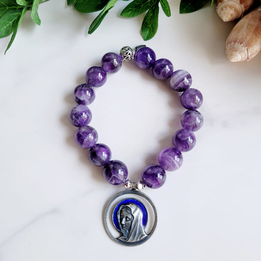 Amethyst 12mm Beaded Bracelet w/Vintage Silver Medal of Our Lady of Lourdes