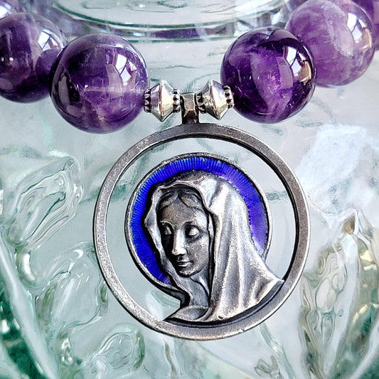 Amethyst 12mm Beaded Bracelet w/Vintage Silver Medal of Our Lady of Lourdes