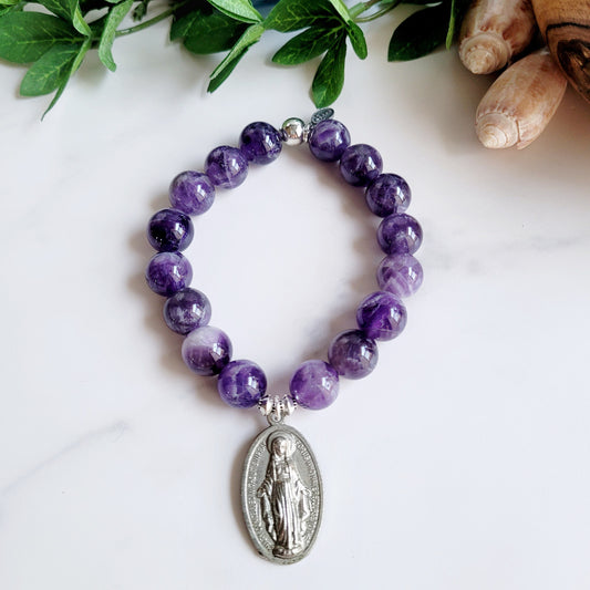 Amethyst 12mm Beaded Bracelet w/ Large Silver Miraculous Medal from Italy