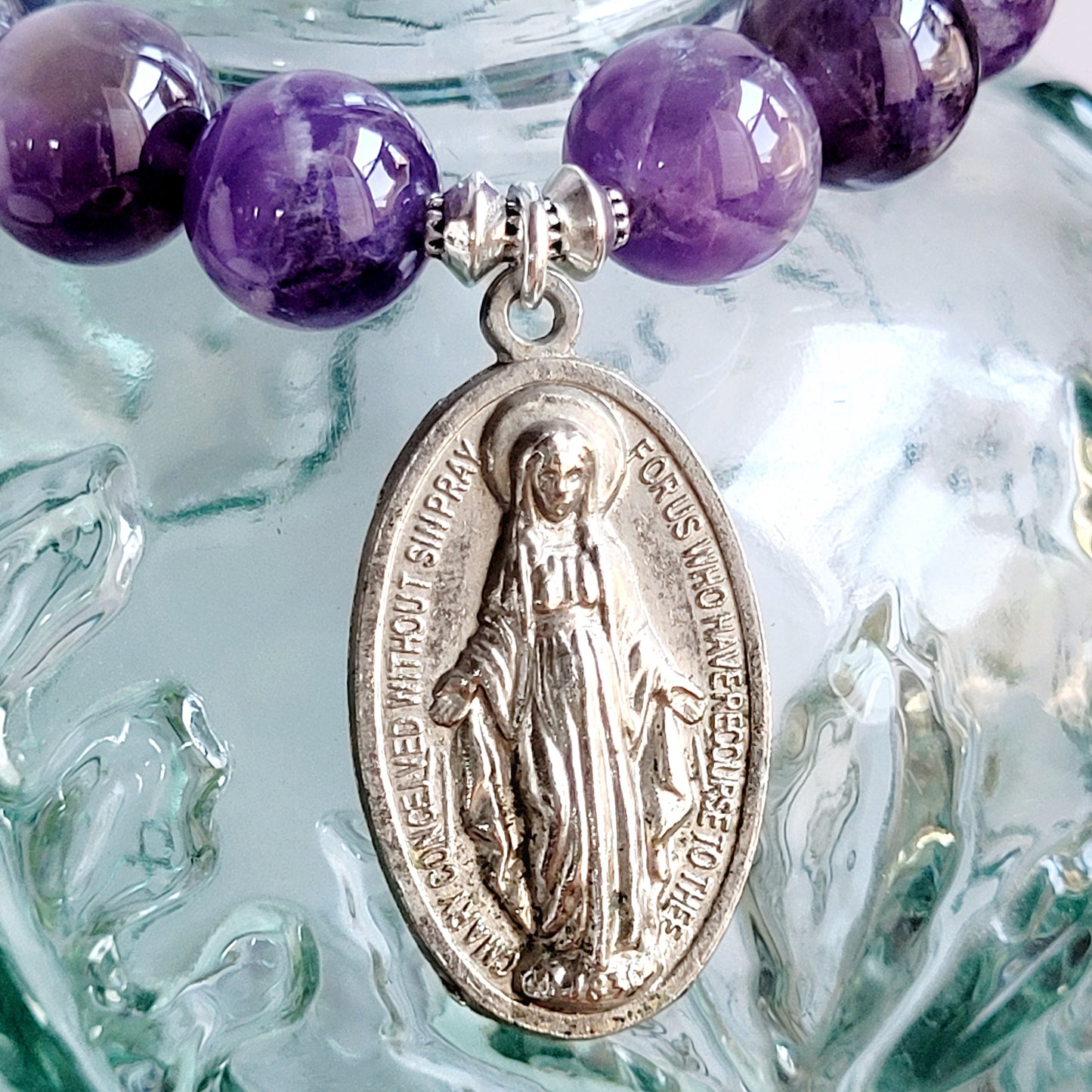 Amethyst 12mm Beaded Bracelet w/ Large Silver Miraculous Medal from Italy
