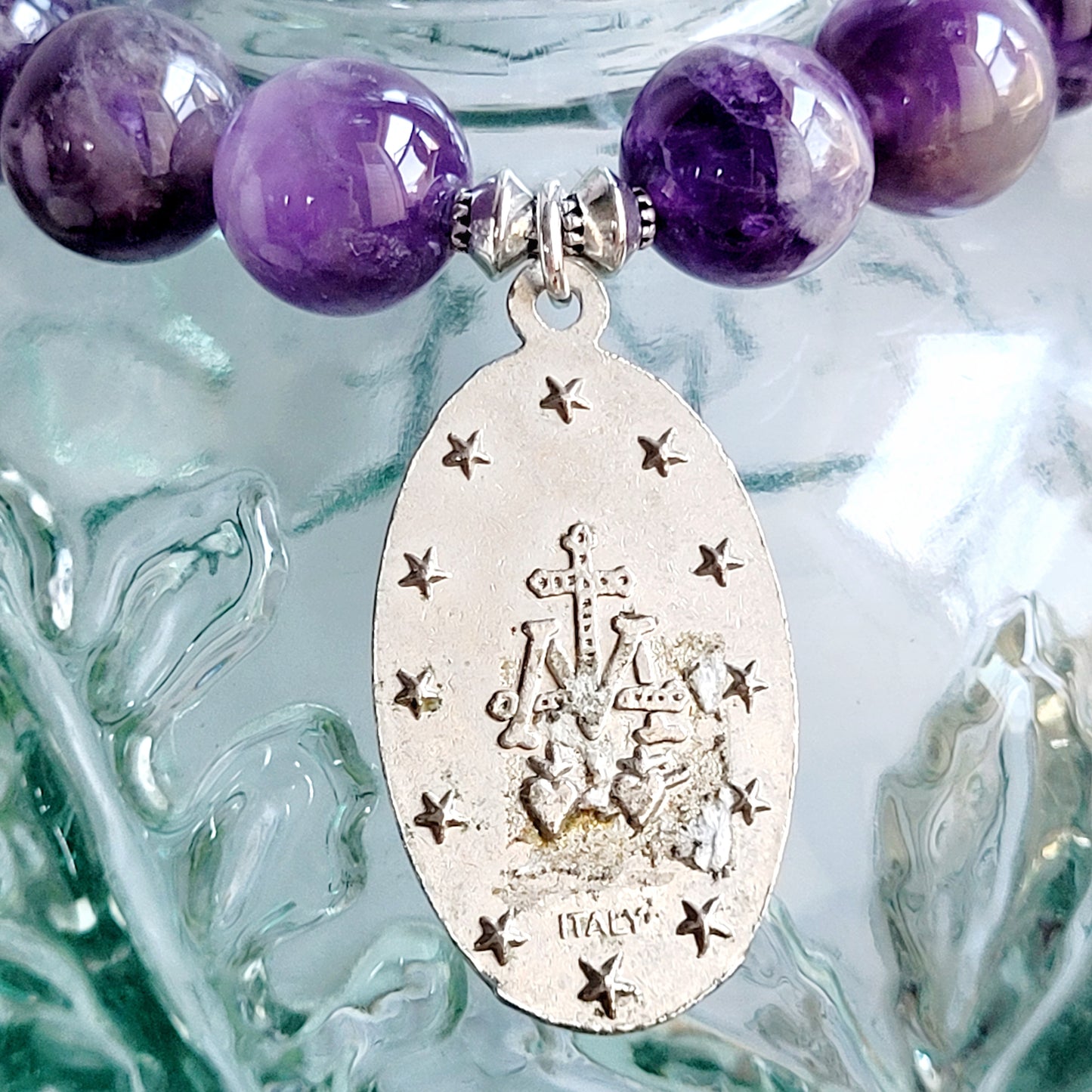 Amethyst 12mm Beaded Bracelet w/ Large Silver Miraculous Medal from Italy