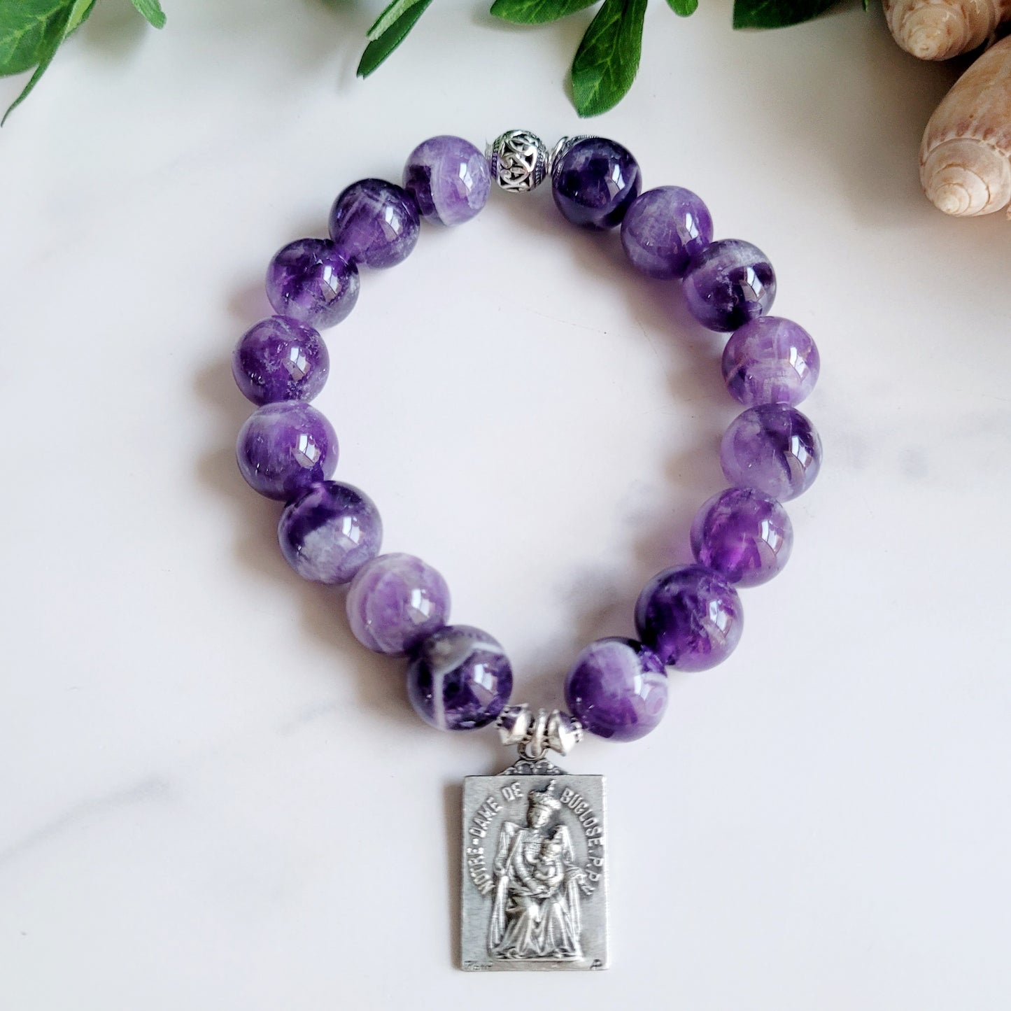 Amethyst 12mm Beaded Bracelet w/ Signed Silver Medal of Our Lady of Buglose