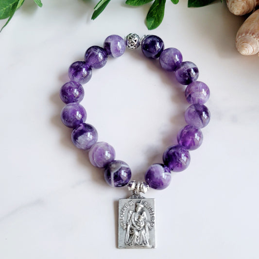 Amethyst 12mm Beaded Bracelet w/ Signed Silver Medal of Our Lady of Buglose
