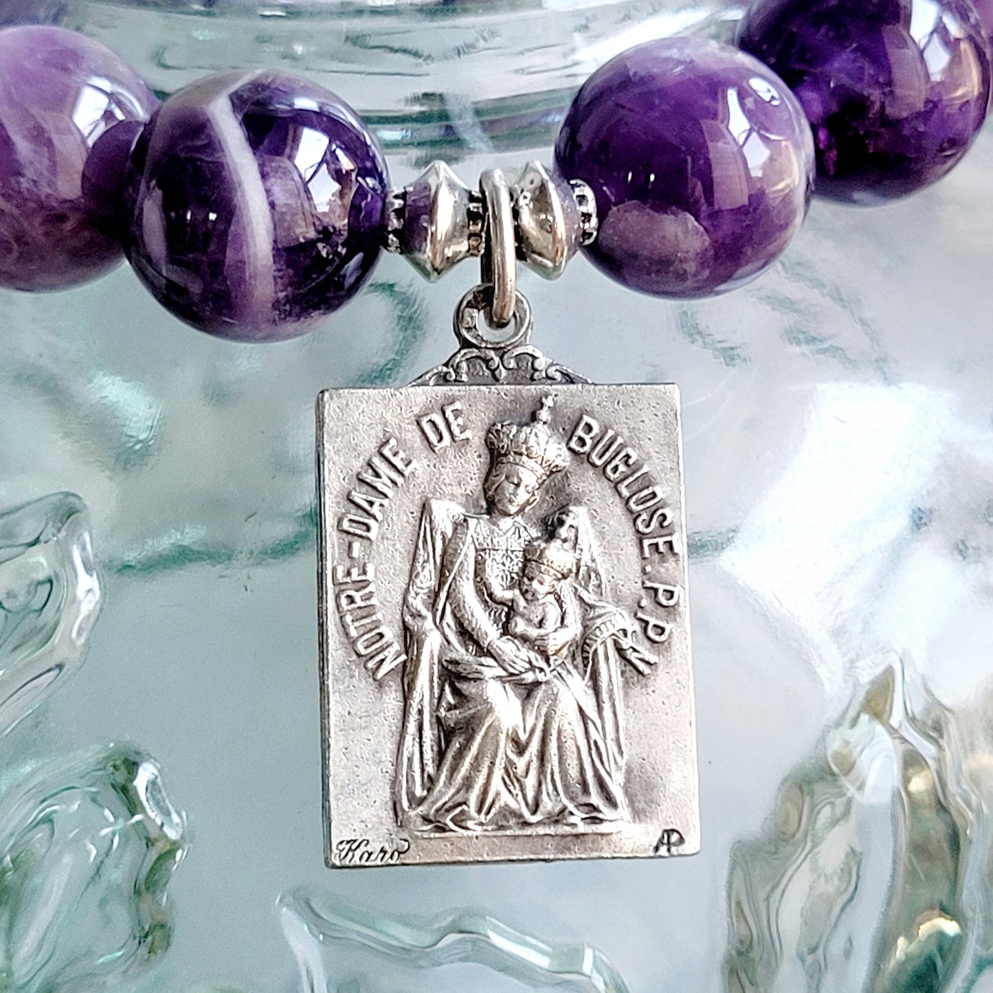 Amethyst 12mm Beaded Bracelet w/ Signed Silver Medal of Our Lady of Buglose