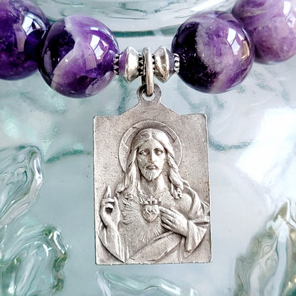 Amethyst 12mm Beaded Bracelet w/ Signed Silver Medal of Our Lady of Buglose