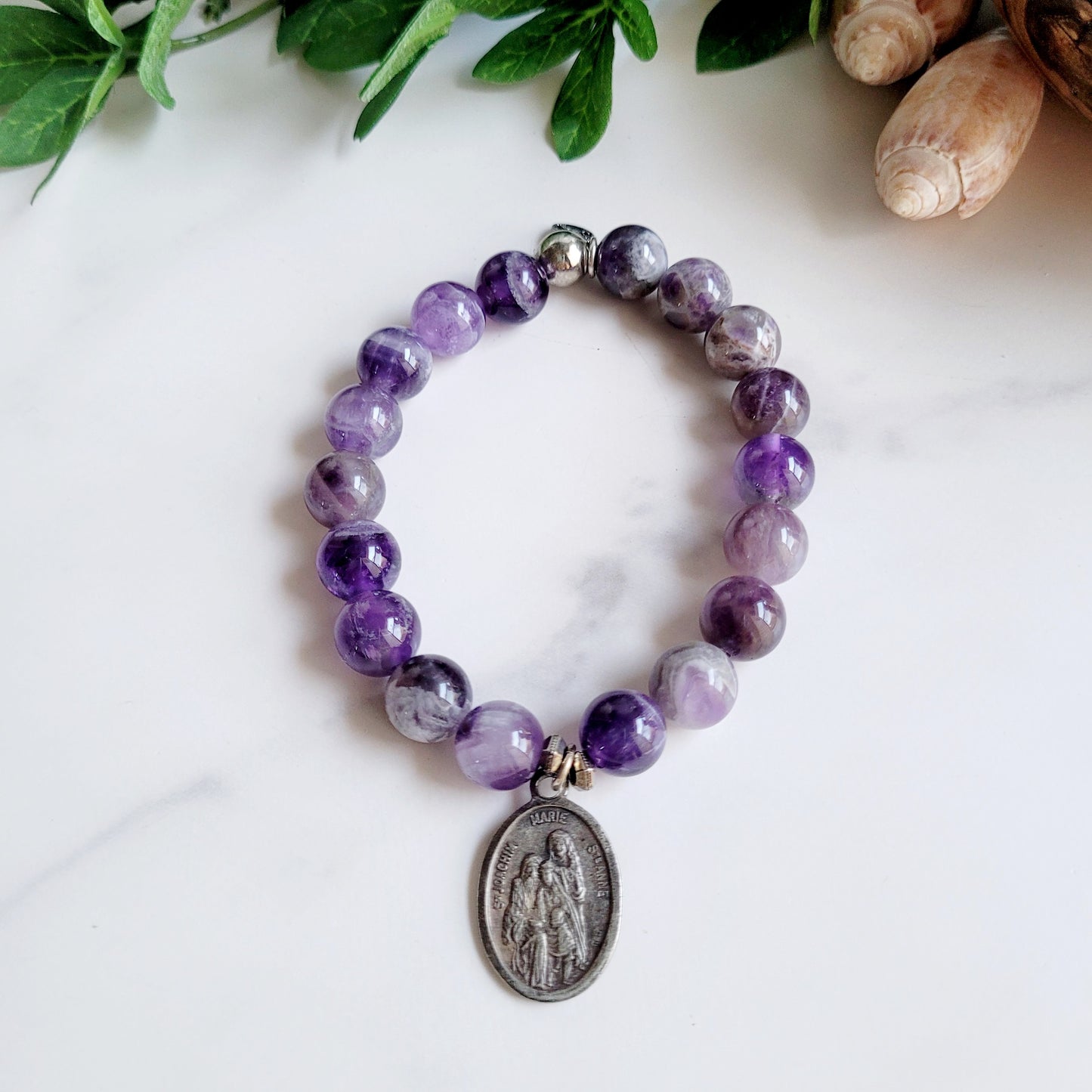 Amethyst 8mm Beaded Bracelet w/ Silver Holy Family Medal of The Virgin Mary & St. Joachim and St. Anne