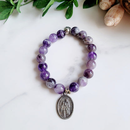 Amethyst 8mm Beaded Bracelet w/ Silver Holy Family Medal of The Virgin Mary & St. Joachim and St. Anne