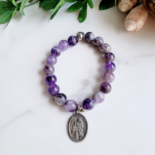 Amethyst 8mm Beaded Bracelet w/ Silver Holy Family Medal of The Virgin Mary & St. Joachim and St. Anne
