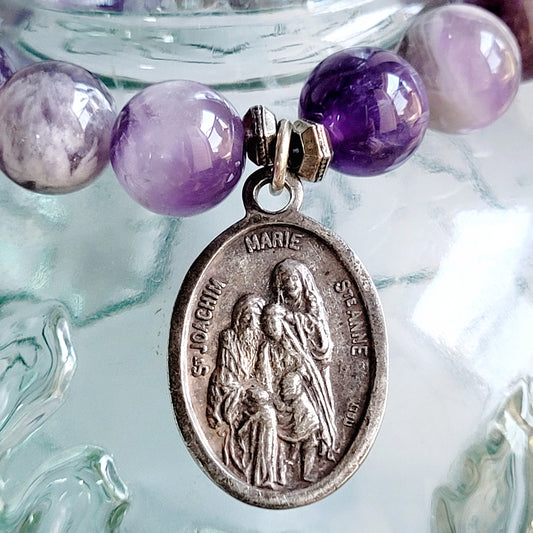 Amethyst 8mm Beaded Bracelet w/ Silver Holy Family Medal of The Virgin Mary & St. Joachim and St. Anne