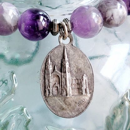 Amethyst 8mm Beaded Bracelet w/ Silver Holy Family Medal of The Virgin Mary & St. Joachim and St. Anne