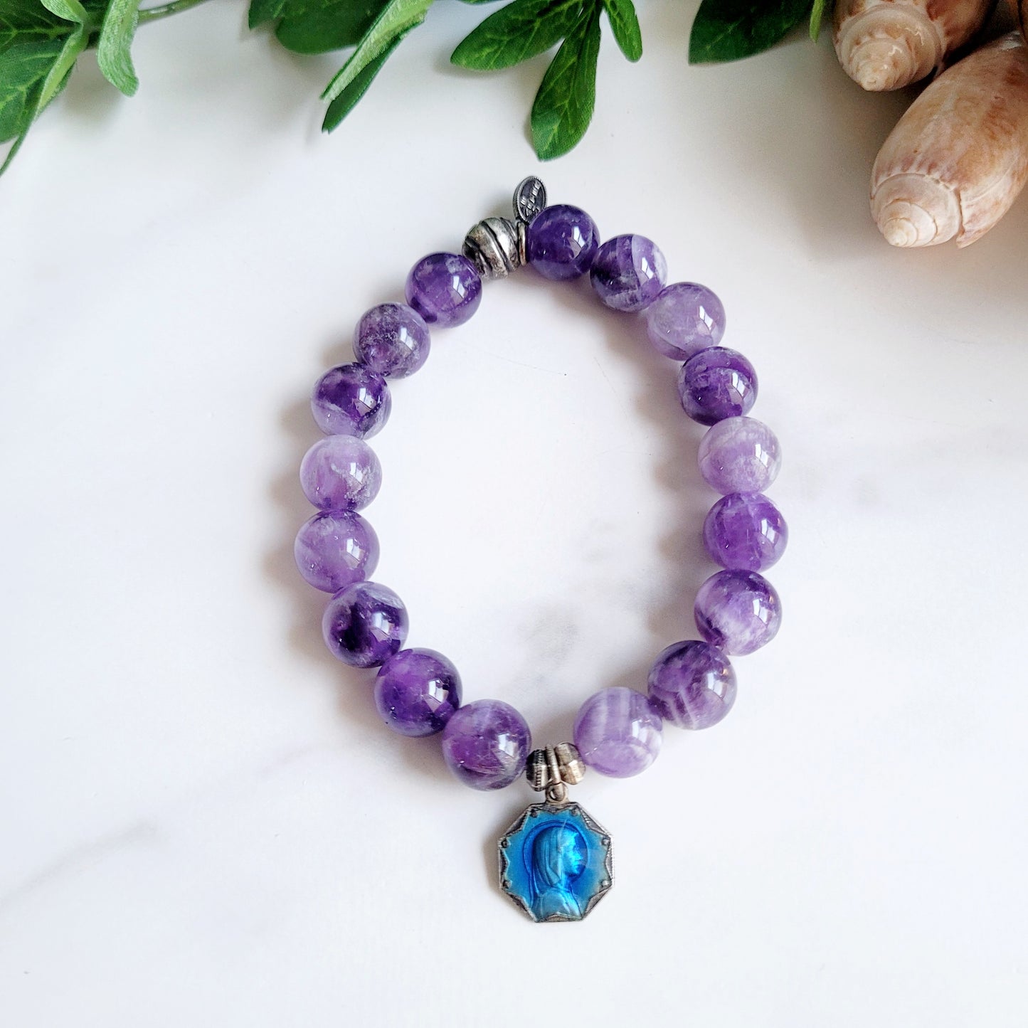 Amethyst 8mm Beaded Bracelet w/ Blue Enameled Silver Medal of Our Lady of Lourdes