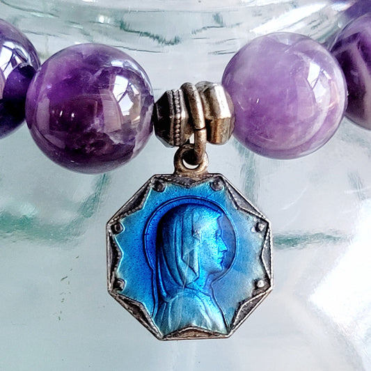 Amethyst 8mm Beaded Bracelet w/ Blue Enameled Silver Medal of Our Lady of Lourdes
