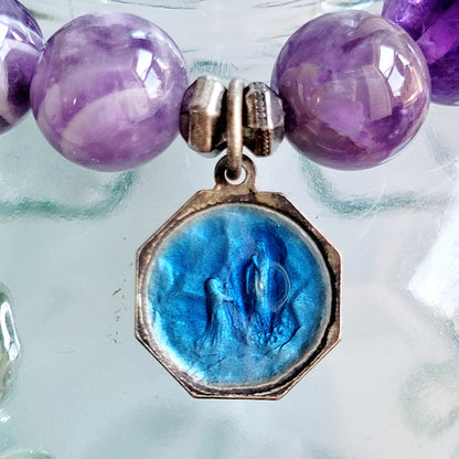 Amethyst 8mm Beaded Bracelet w/ Blue Enameled Silver Medal of Our Lady of Lourdes